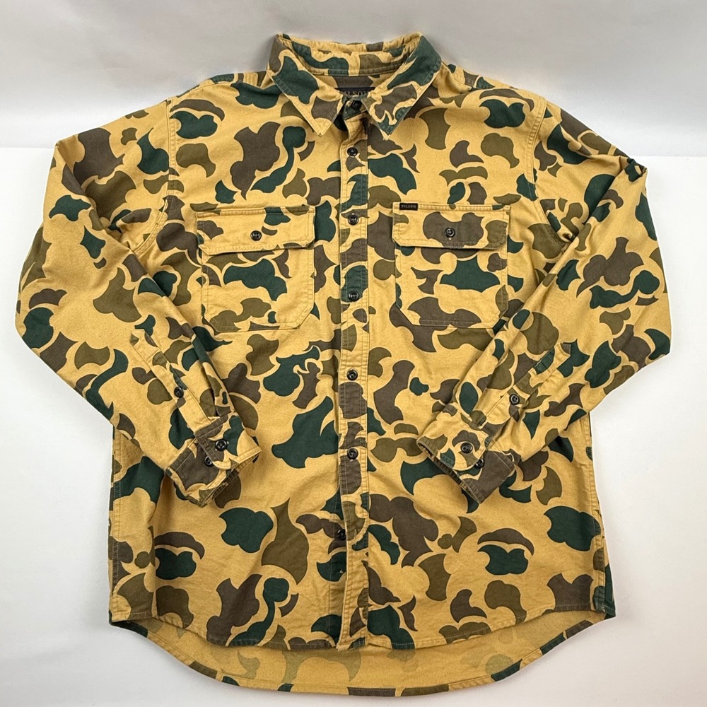 Filson Mens XL Duck Camo Cotton Button Down Long Sleeve Field Shirt Tan Green